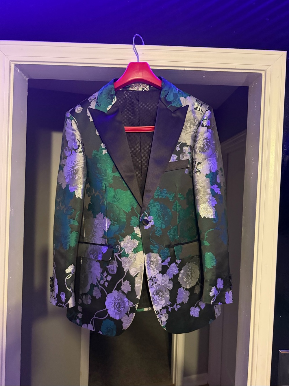 Floral Jacquard Black and Green Men's Blazer with Satin Lapel